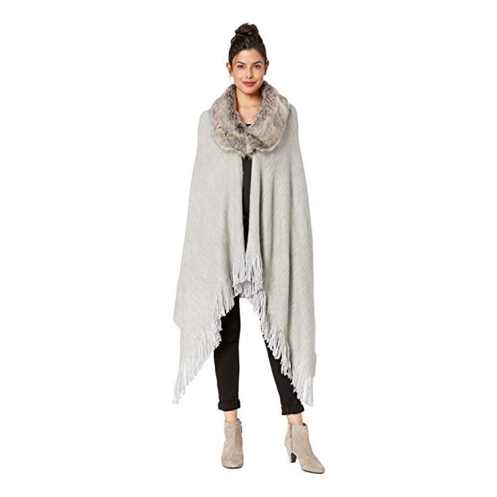 LAUREN Ralph Lauren Reversible Fur Collar Ruana (Light Grey/Azure Mist